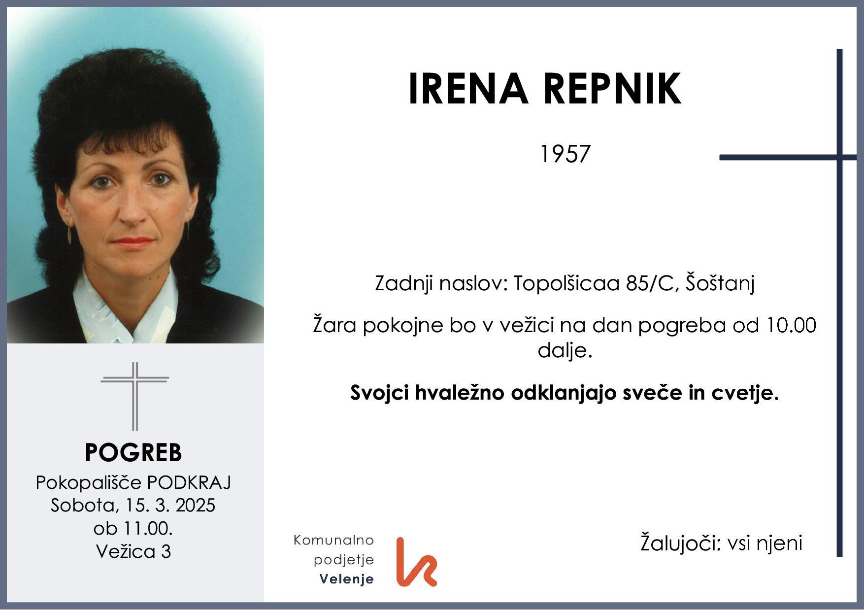 OsmrtnicaRepnikIrena1957pogreb sobota 15.3.2025 ob 11.00 Podkraj
