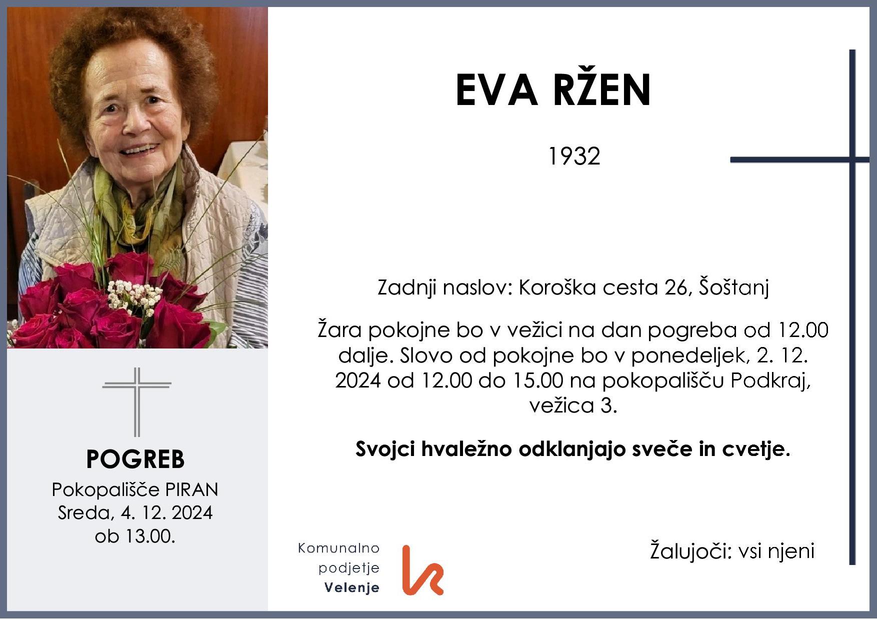 OsmrtnicaRženEva1932 pogreb sreda, 4.12.2024 ob 13.00 Piran