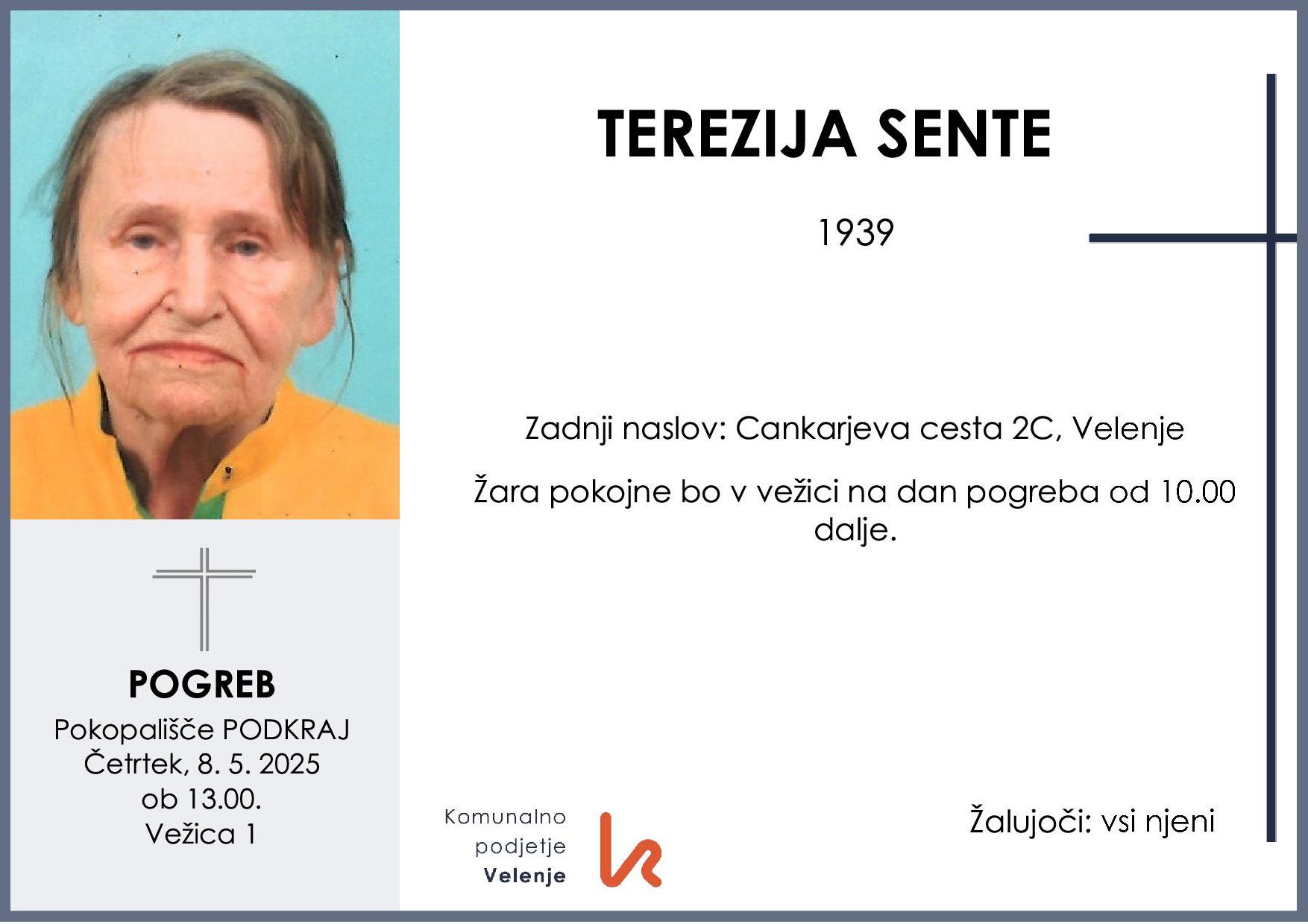 OsmrtnicaSenteTerezija1939pogreb četrtek 8.5.2025 ob 13.00 Podkraj