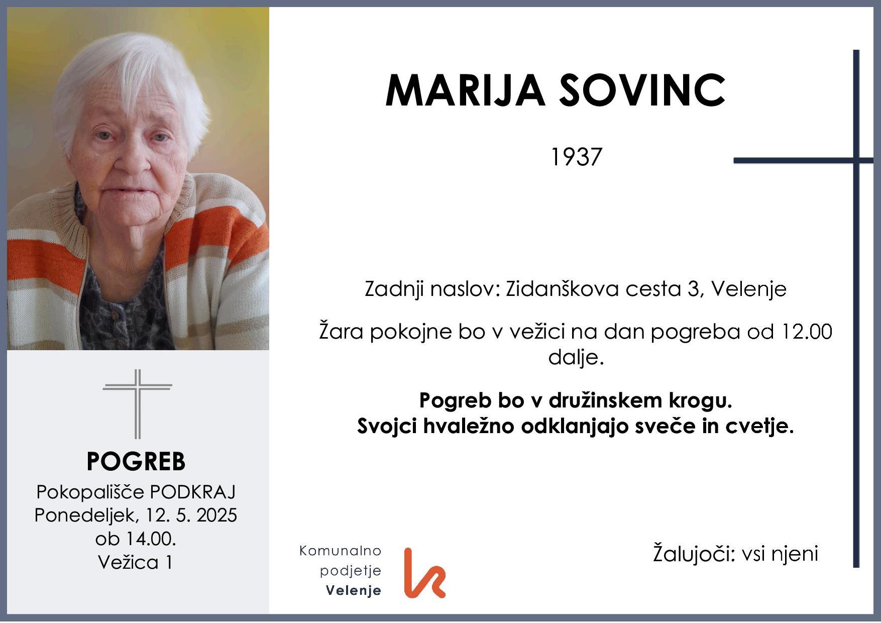 OsmrtnicaSovincMarija1937pogreb ponedeljek 12.5.2025 ob 14.00 Podkraj