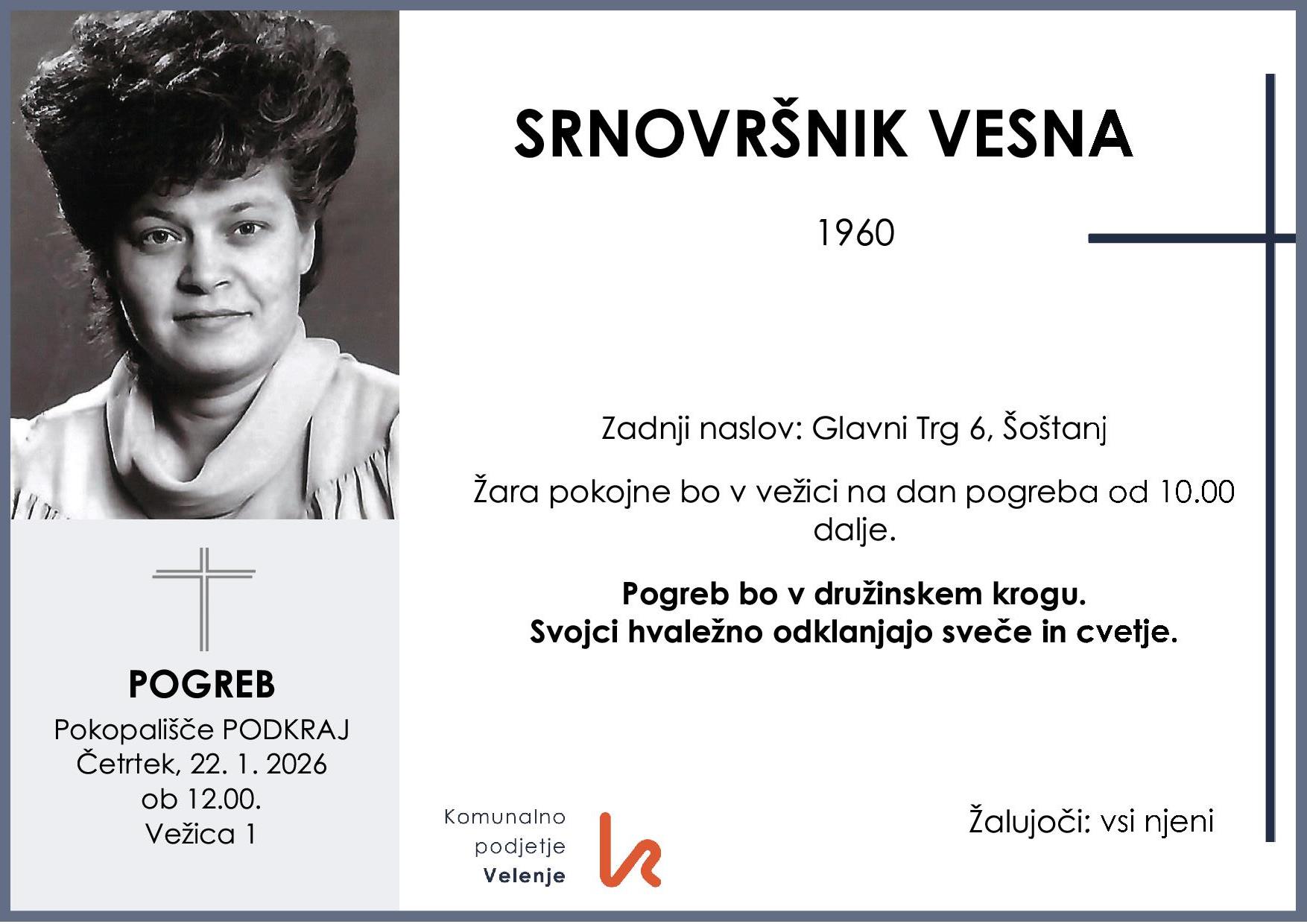 OsmrtnicaSrnovršnikVesna1960pogreb četrtek 22.1.2026 ob 12.00 Podkraj