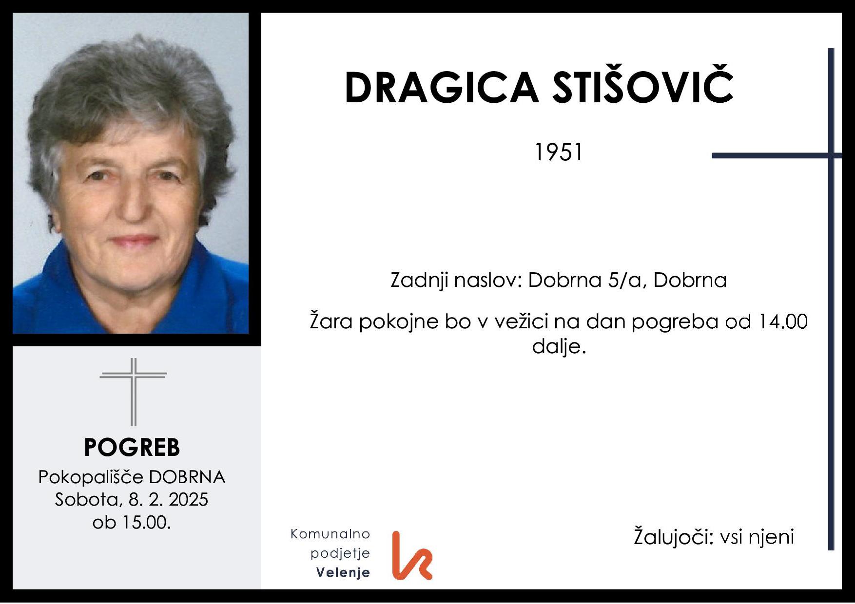 OsmrtnicaStišovičDragica1951 pogreb sobota 8.2.2025 ob 15.00 Dobrna