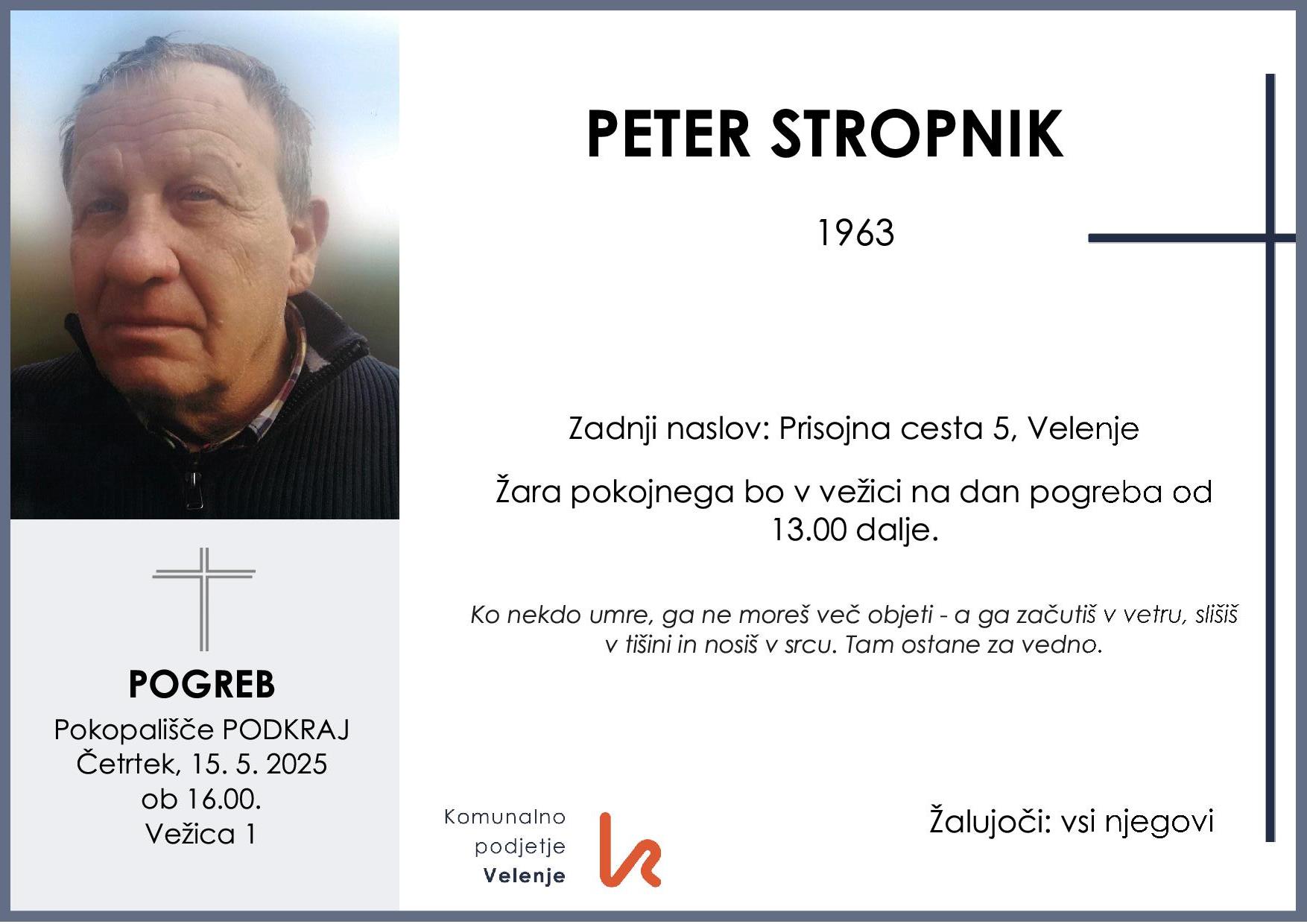OsmrtnicaStropnikPeter1963pogreb četrtek 15.5.2025 ob 16.00 Podkraj