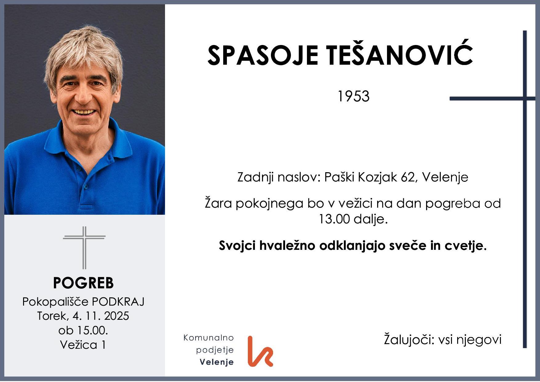 OsmrtnicaTešanovićSpasoje1953pogreb torek 4.11.2025 ob 15.00 Podkraj