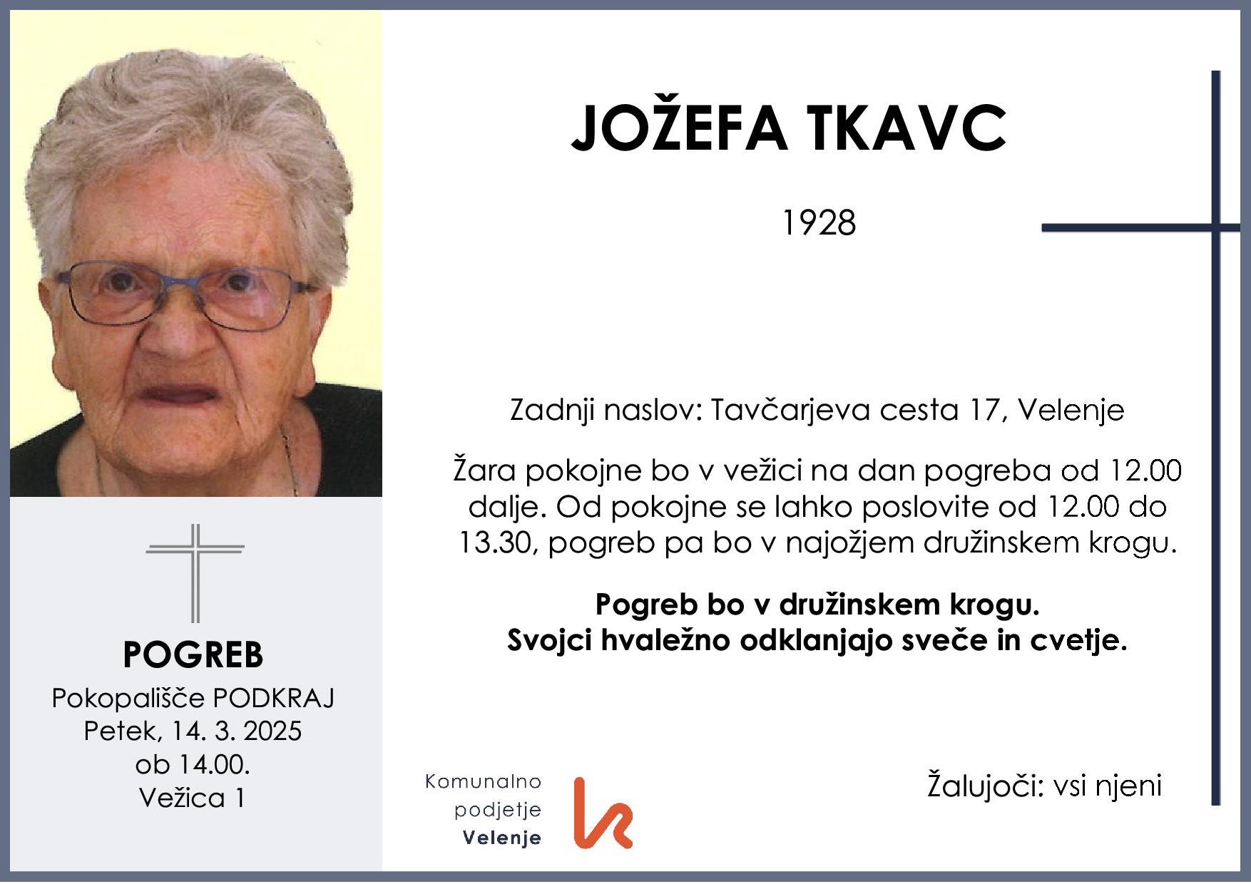 OsmrtnicaTkavcJožefa1928pogreb petek 14.3.2025 ob 14.00 Podkraj