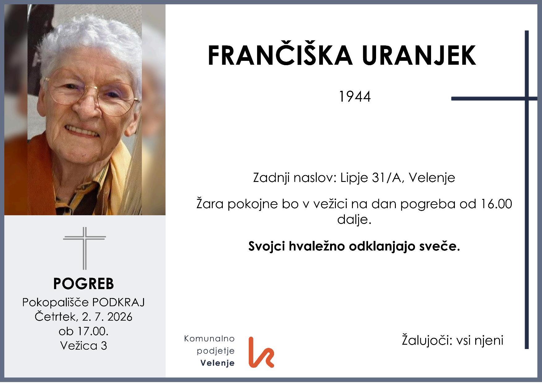 OsmrtnicaUranjekFrančiška1944pogreb četrtek 2.7.2026 ob 17.00 Podkraj