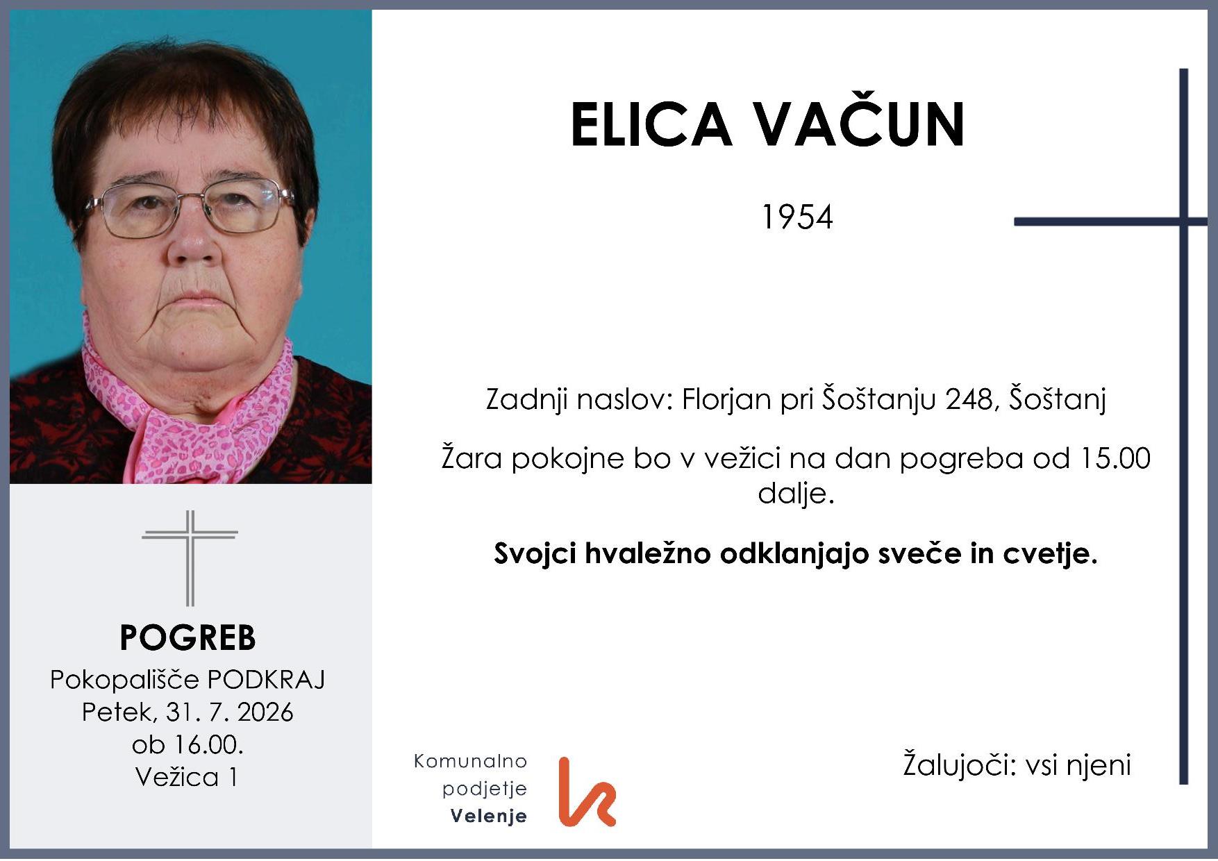 OsmrtnicaVačunElica1954 pogreb petek 31.7.2026 ob 16.00 Podkraj