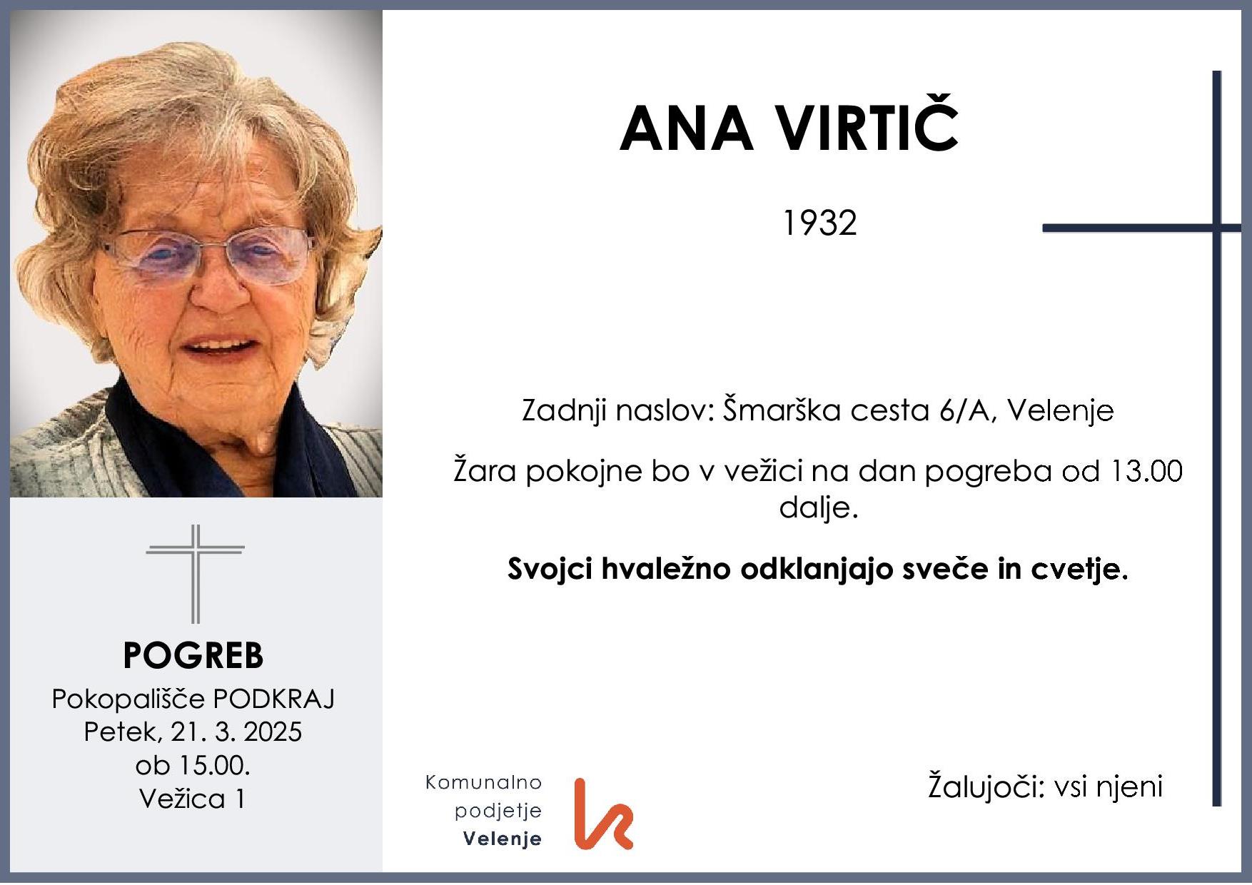 OsmrtnicaVirtičAna1932pogreb petek 21.3.2025 ob 15.00 Podkraj