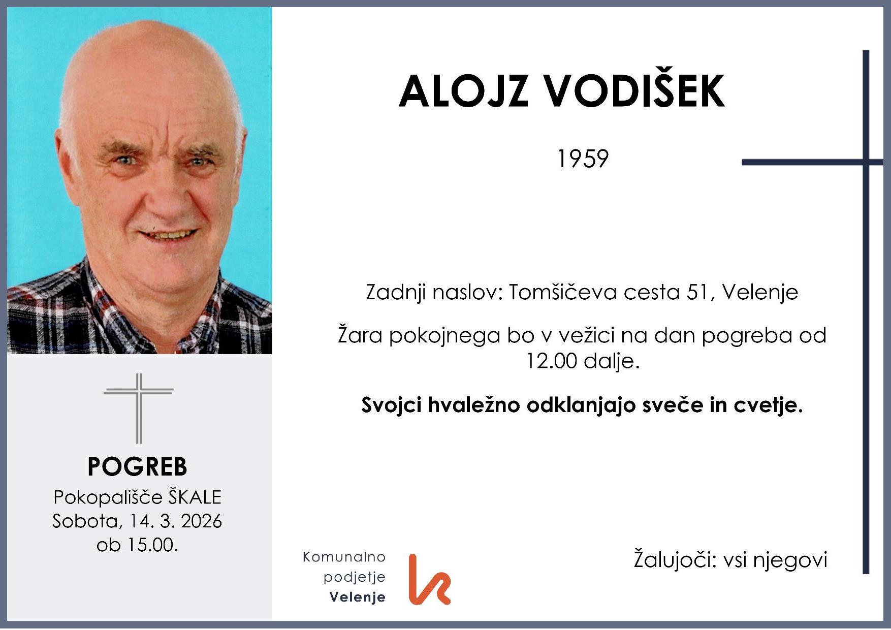 OsmrtnicaVodišekAlojz1959 pogreb sobota 14.3.2026 ob 15.00 Škale