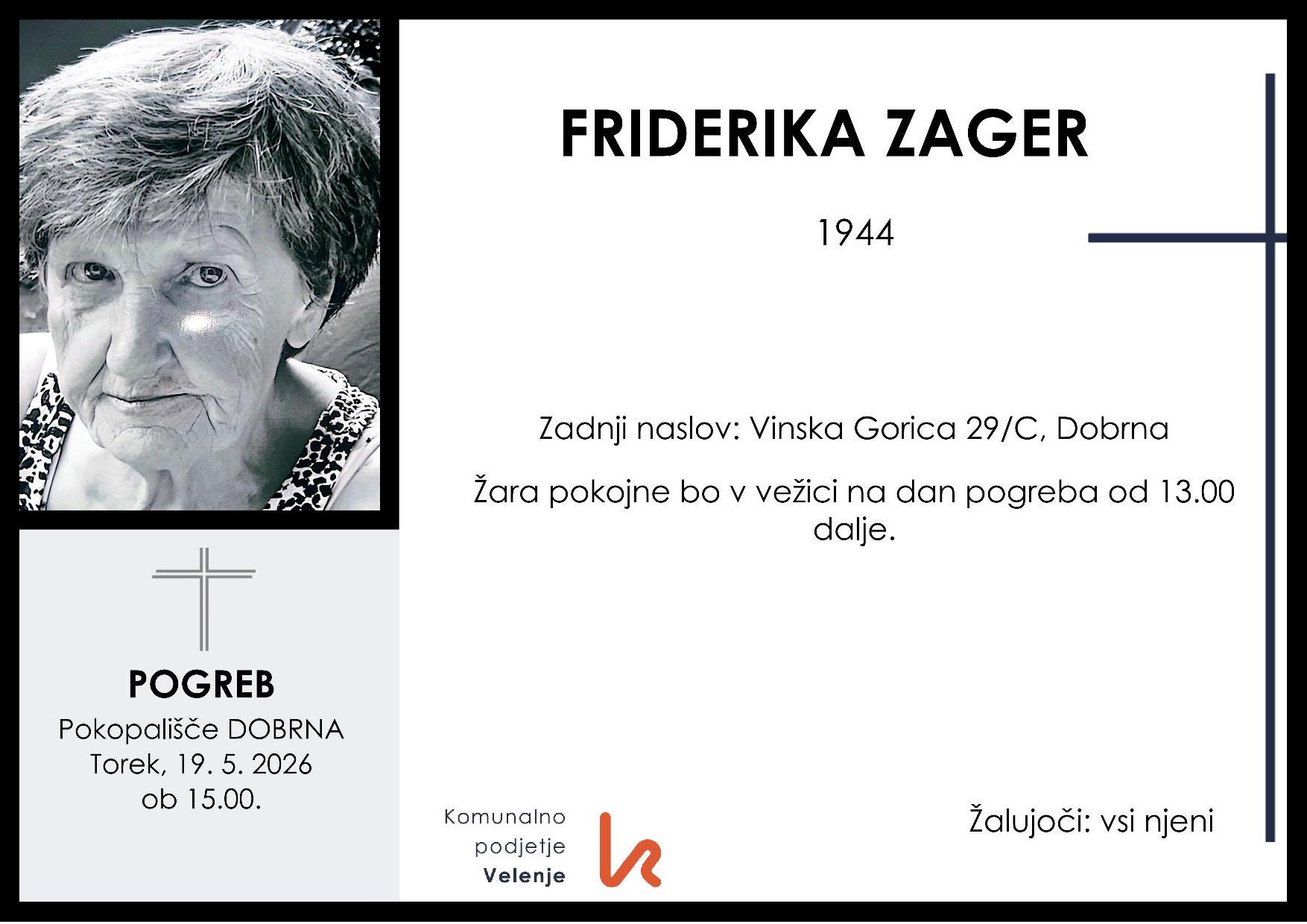 OsmrtnicaZagerFriderika1944 pogreb torek 19.5.2026 ob 15.00 Dobrna