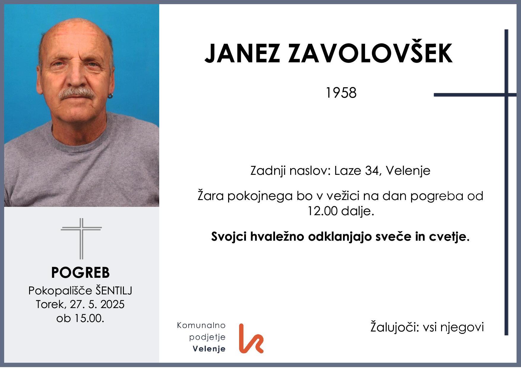 OsmrtnicaZavolovšekJanez1958pogreb torek 27.5.2025 ob 15.00 Šentilj
