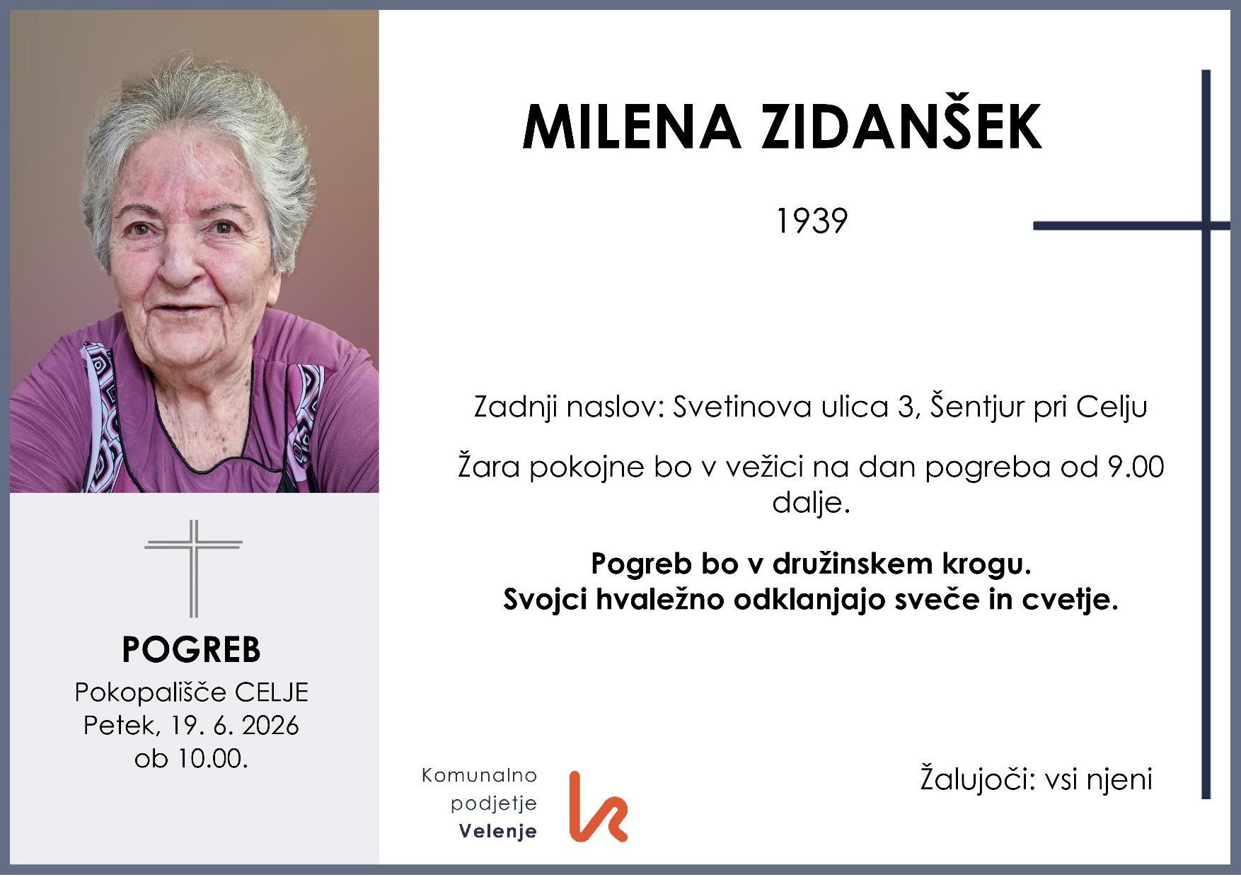 OsmrtnicaZidanšekMilena1939 pogreb petek 19.6.2026 ob 10.00 Celje