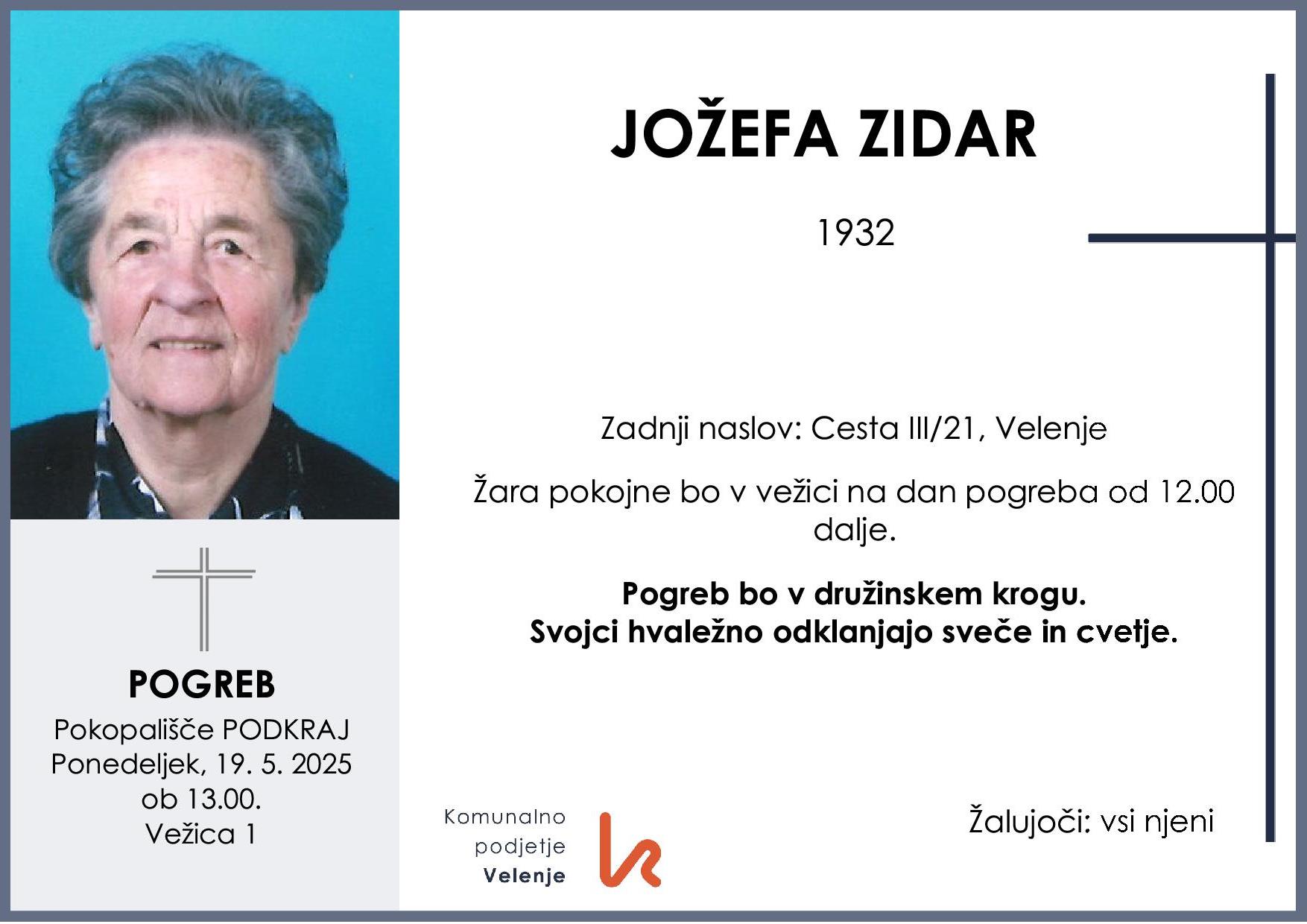 OsmrtnicaZidarJožefa1932pogreb ponedeljek 19.5.2025 ob 13.00 Podkraj