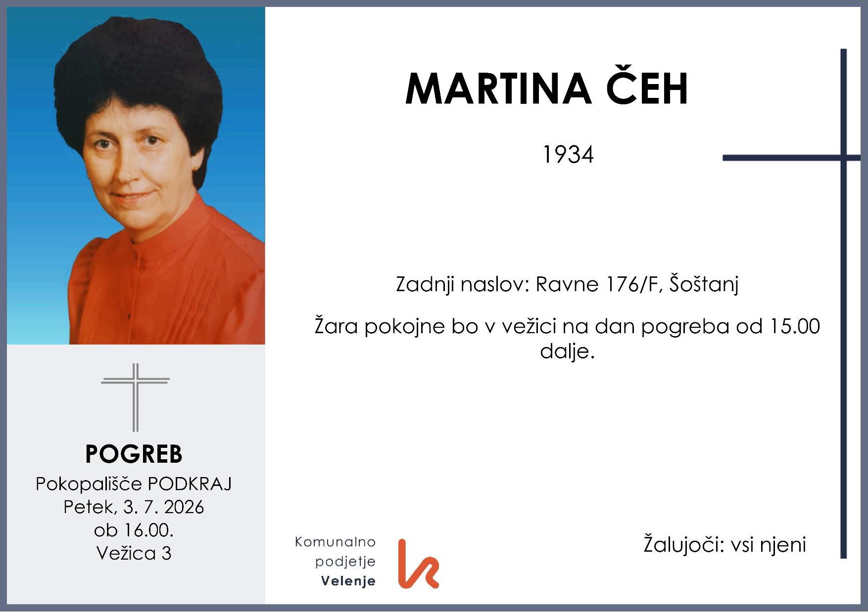 OsmrtnicaČehMartina1934pogreb petek 3.7.2026 ob 16.00 Podkraj