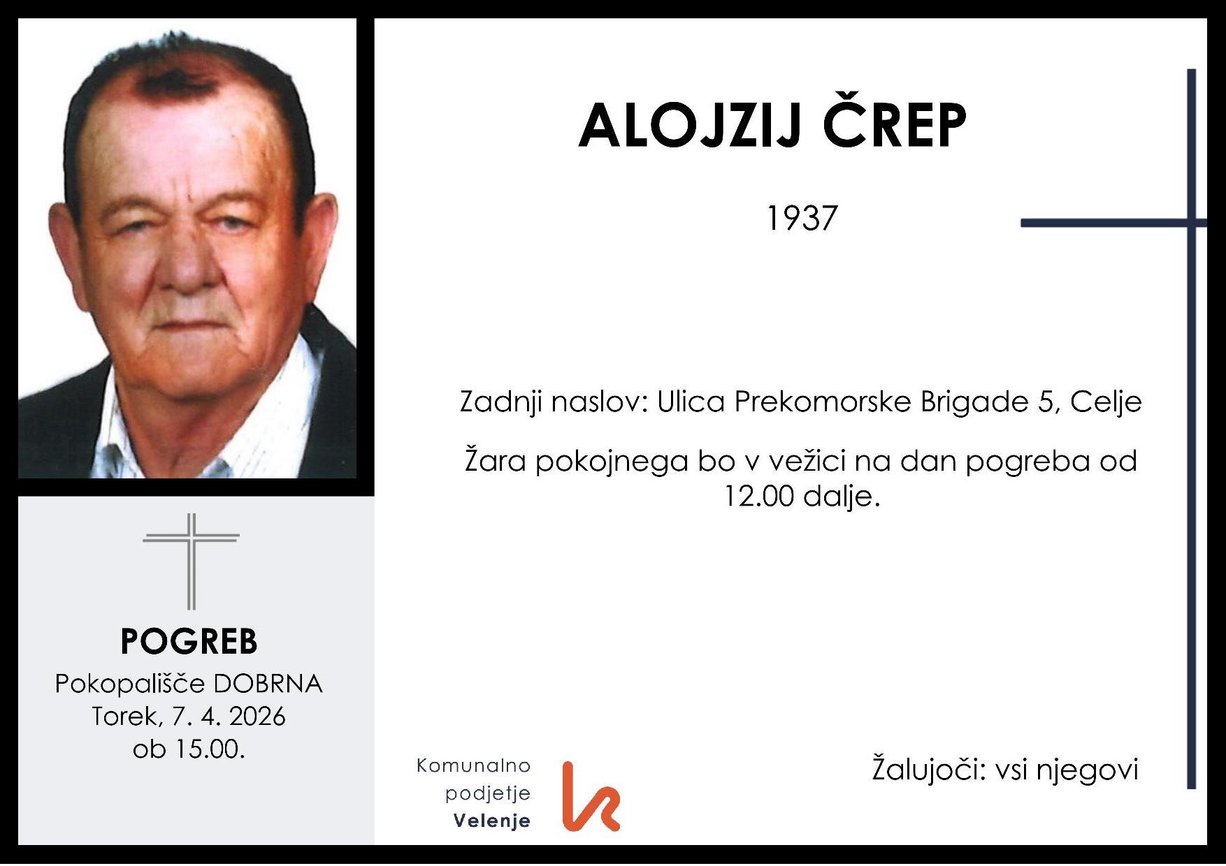 OsmrtnicaČrepAlojzij1937 pogreb torek 7.4.2026 ob 15.00 Dobrna