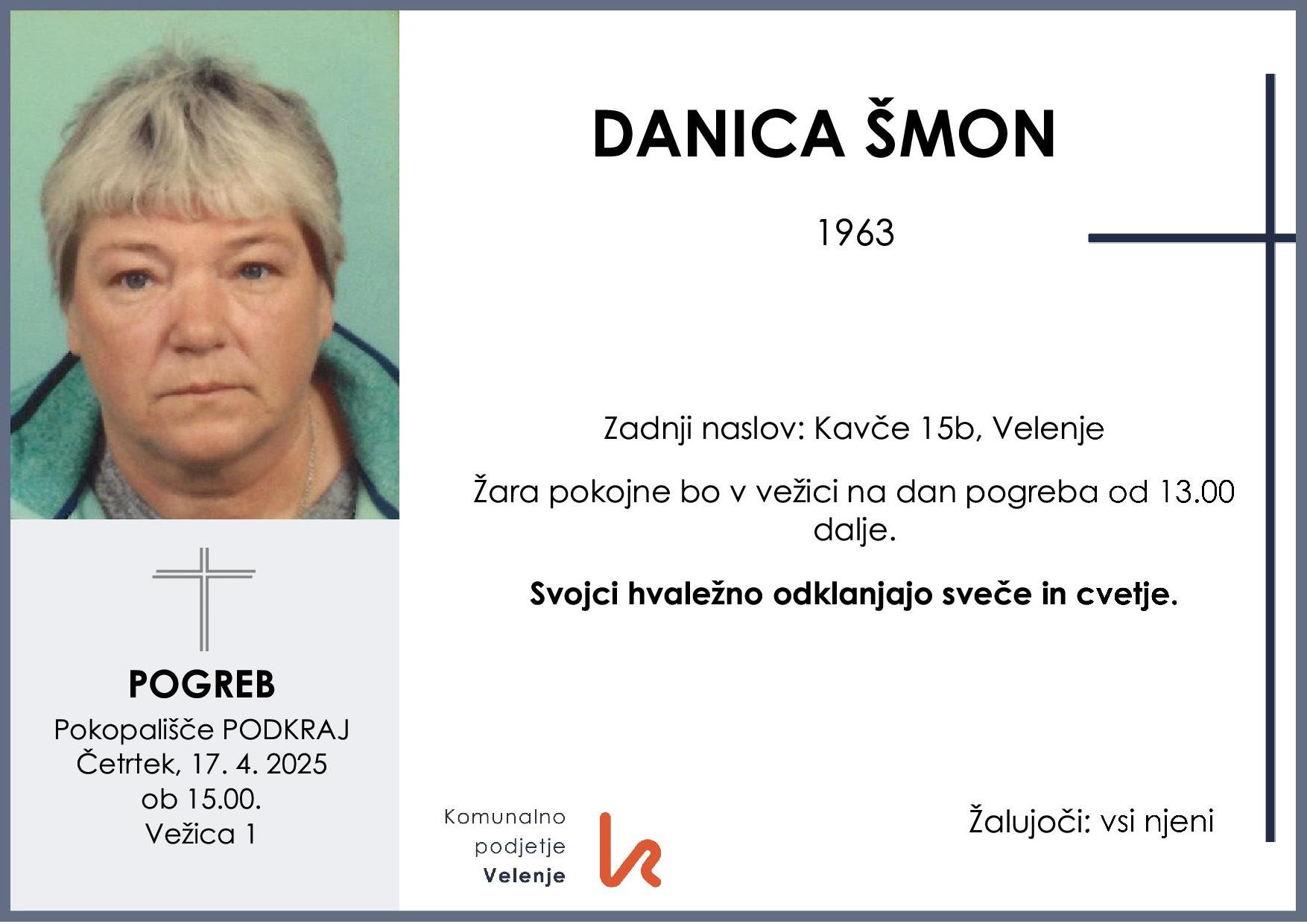 OsmrtnicaŠmonDanica1963pogreb četrtek 17.4.2025 ob 15.00 Podkraj