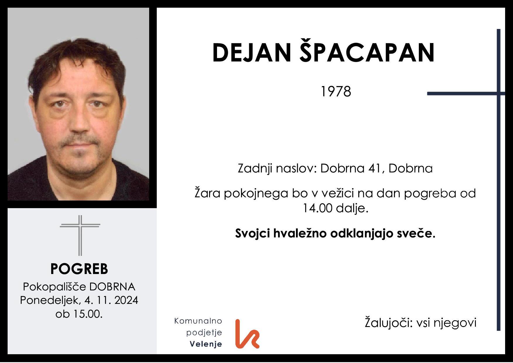 OsmrtnicaŠpacapanDejan1978 pogreb ponedeljek 4.11.2024 ob 15.00 Dobrna