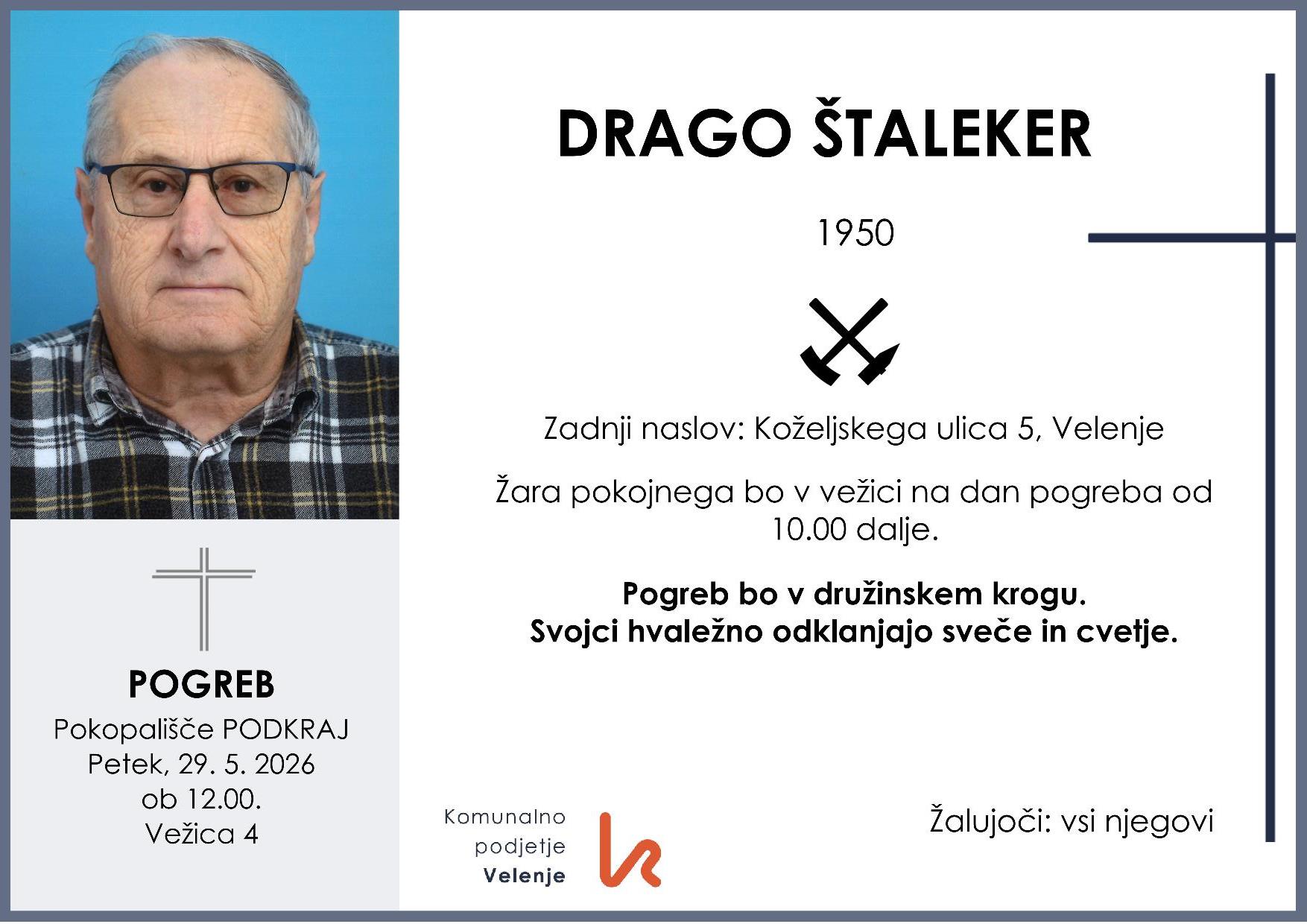 OsmrtnicaŠtalekerDrago1950 pogreb petek 29.5.2026 ob 12.00 Podkraj