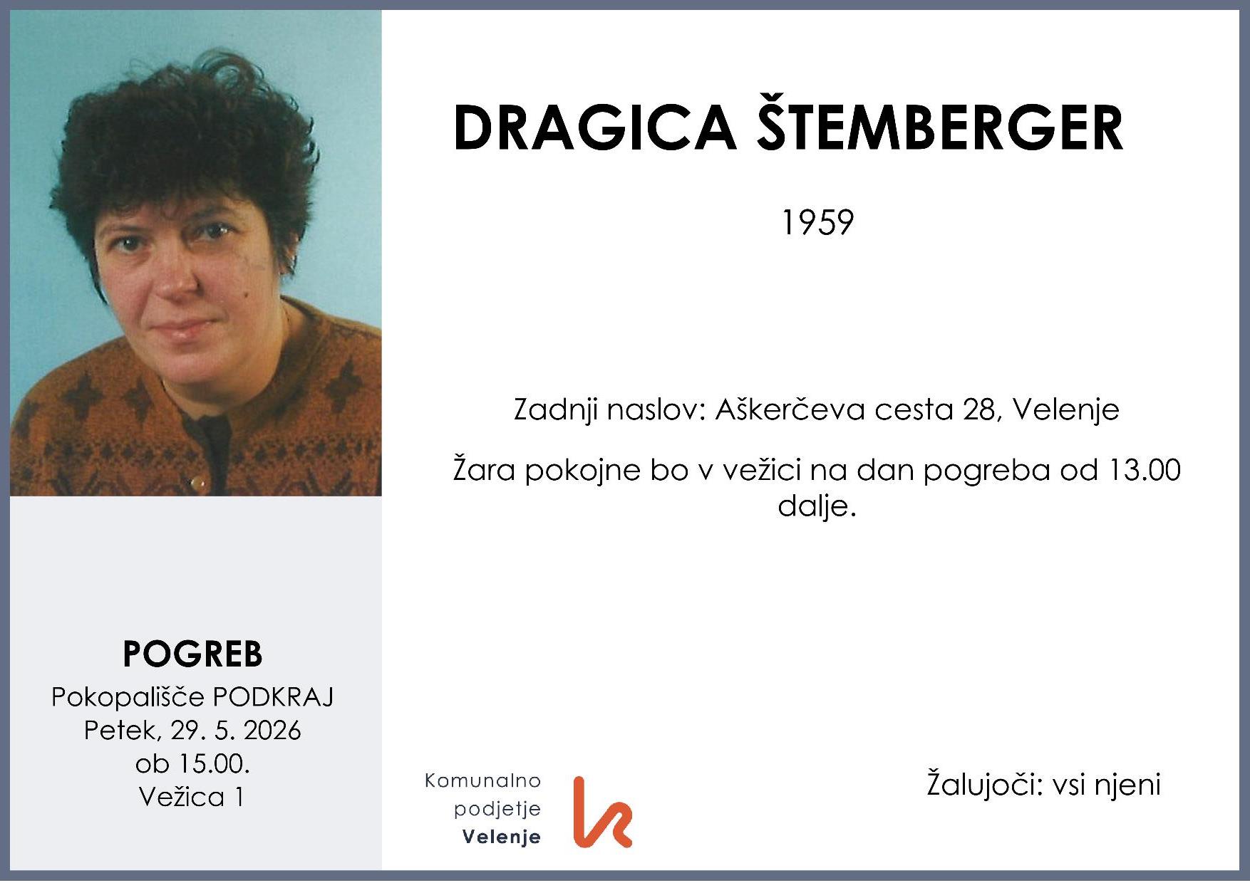 OsmrtnicaŠtembergerDragica1959 pogreb petek 29.5.2026 ob 15.00 Podkraj