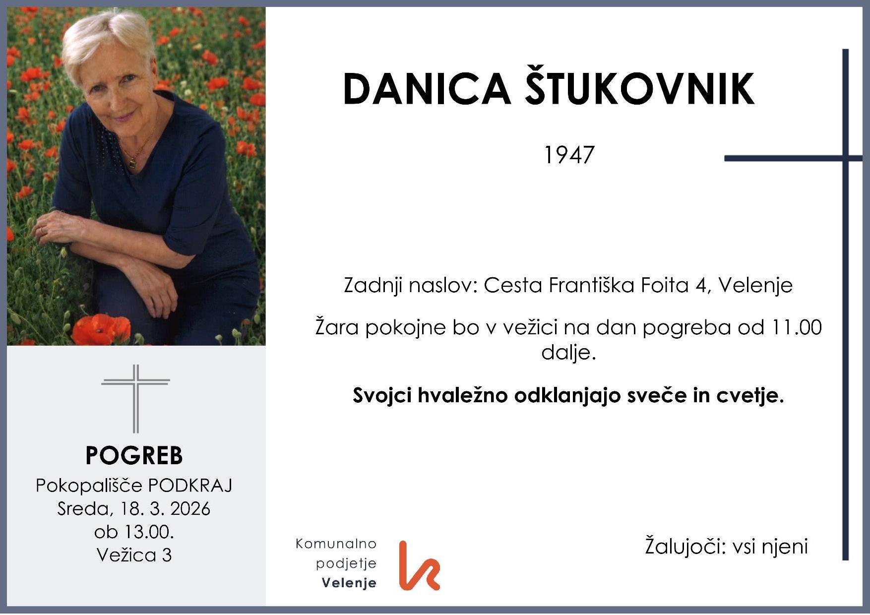 OsmrtnicaŠtukovnikDanica1947 pogreb sreda 18.3.2026 ob 13.00 Podkraj