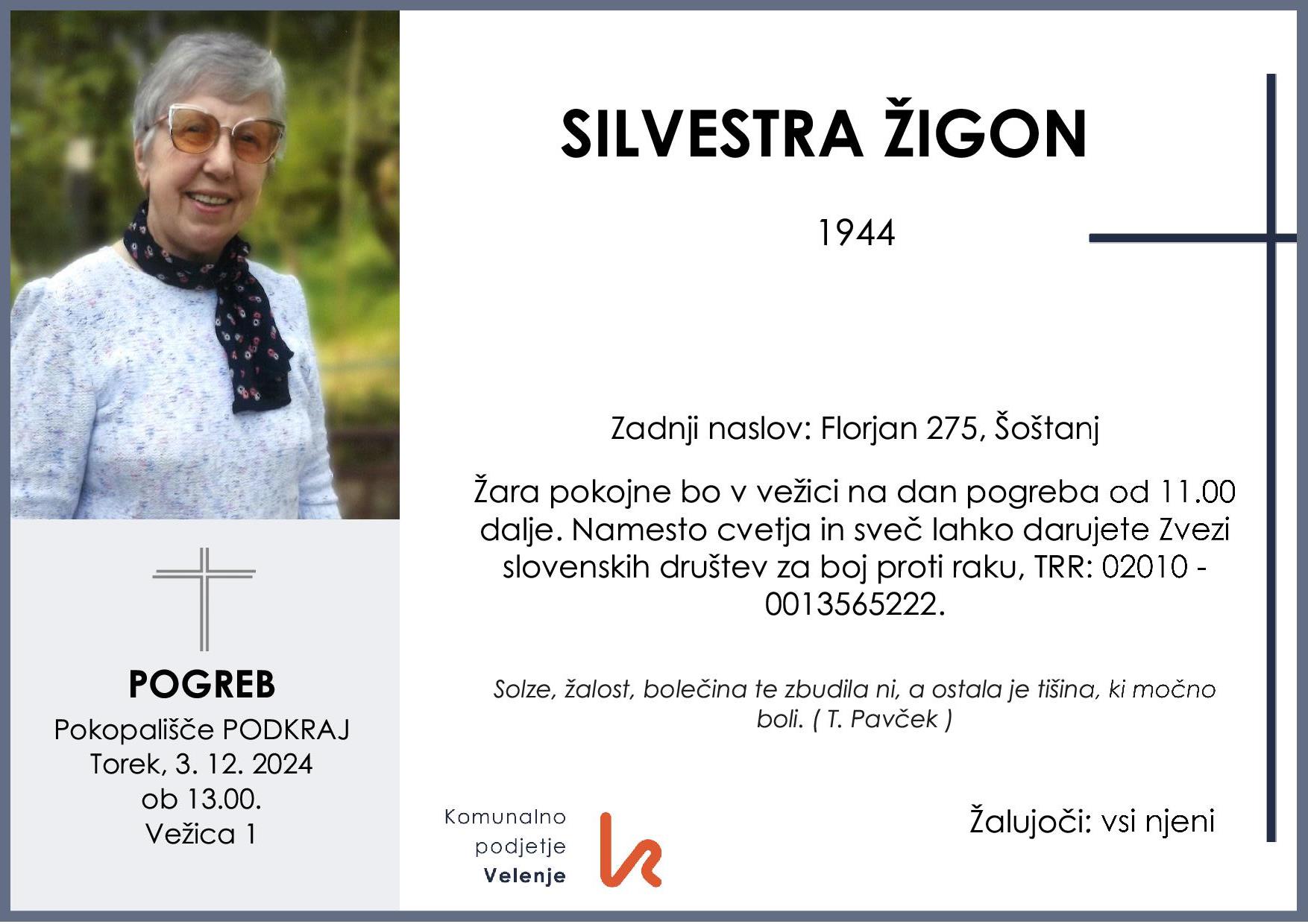 OsmrtnicaŽigonSilvestra1944 pogreb torek 3.12.2024 ob 13.00 Podkraj