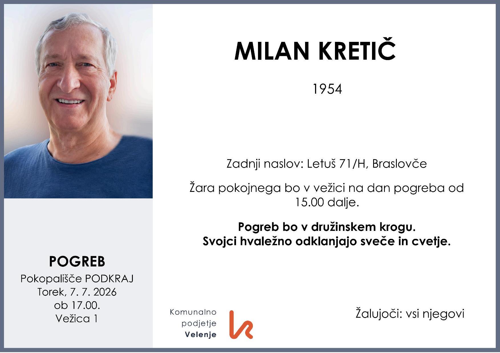 osmrtnicaKretičMilan1954 pogreb torek 7.7.2026 ob 17.00 Podkraj
